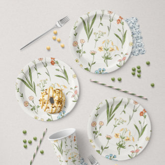 Assiettes En Carton Prairie de Fleurs Sauvages Rustique Dessinée à la