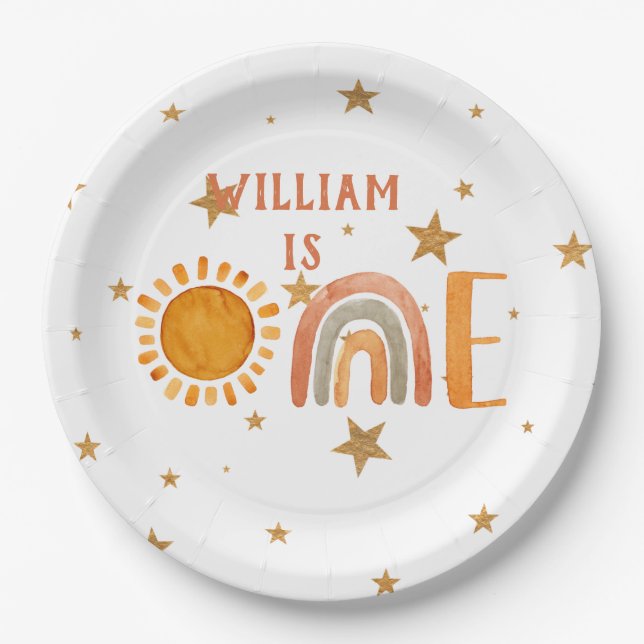 Assiettes En Carton Premier anniversaire aquarelle Boho arc-en-ciel et (Devant)