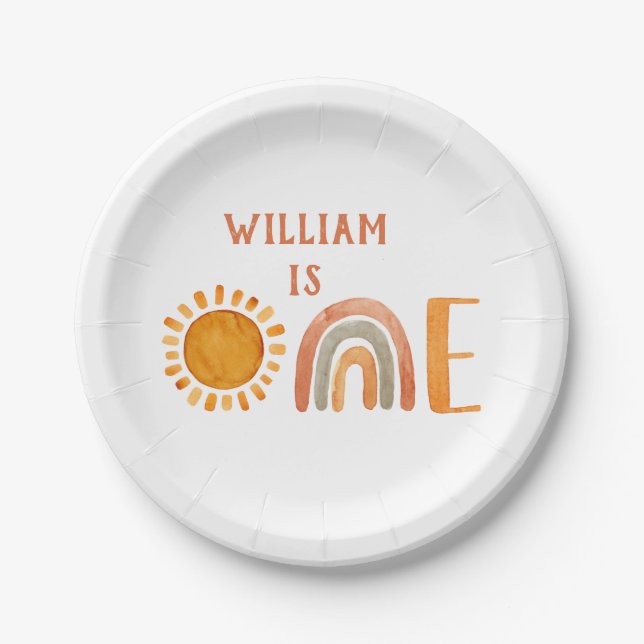 Assiettes En Carton Premier anniversaire aquarelle Boho arc-en-ciel et (Devant)