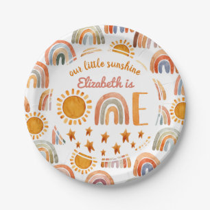 Assiettes En Carton Premier anniversaire aquarelle soleil et arc-en-ci