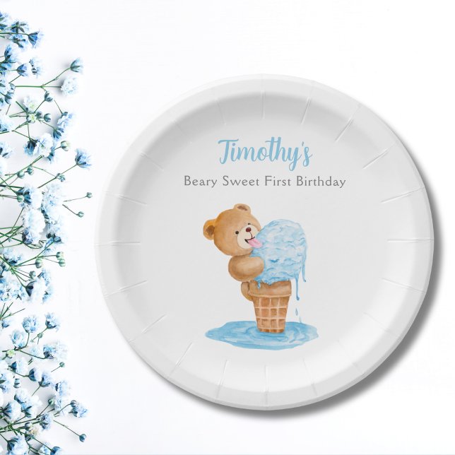 Assiettes En Carton Premier anniversaire Boy Teddy Bear Crème de glace (Créateur téléchargé)