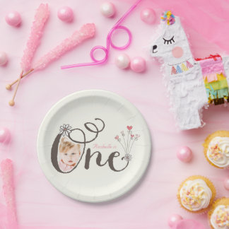 Assiettes En Carton Premier Anniversaire de Bébé Fille Rose Caprice Ph