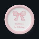 Assiettes En Carton Premier anniversaire de la Bow rose<br><div class="desc">Ces mignonnes plaques de papier d'anniversaire sont ornées d'un arc d'aquarelle rose peint à la main avec une bordure étriquée.</div>