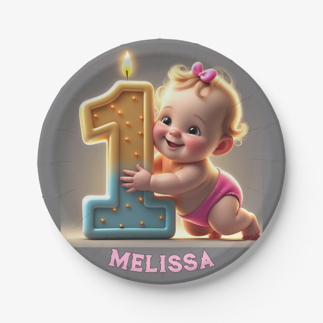 ASSIETTES EN CARTON " PREMIER ANNIVERSAIRE DE LA FILLE BÉBÉ " (Devant)