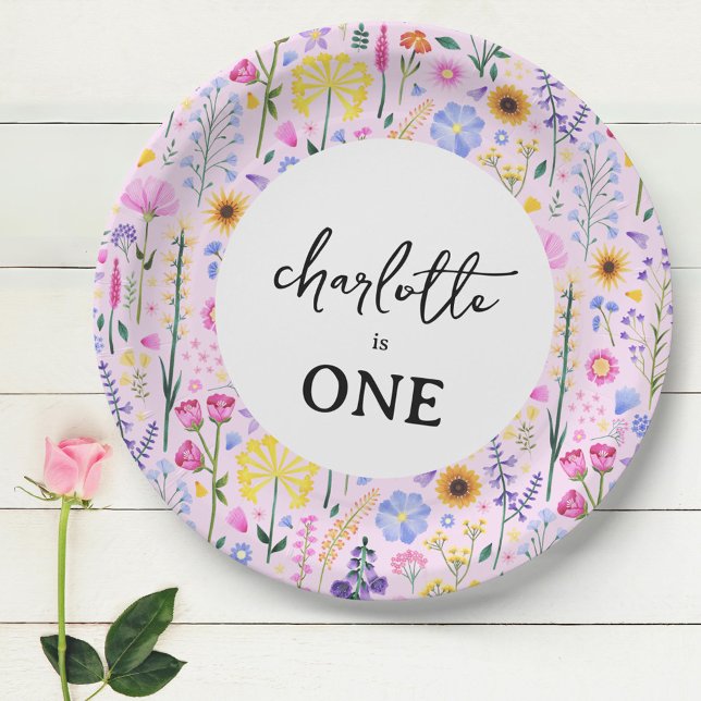 Assiettes En Carton Premier anniversaire de la Fleur sauvage rose du p (Pink Spring Wildflower Girl's First Birthday Paper Plates)