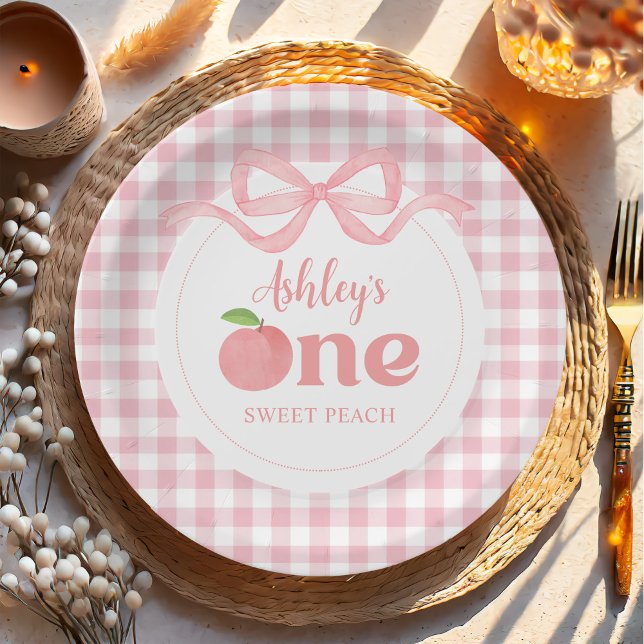 Assiettes En Carton Premier anniversaire de Peach En vichy rose (Créateur téléchargé)