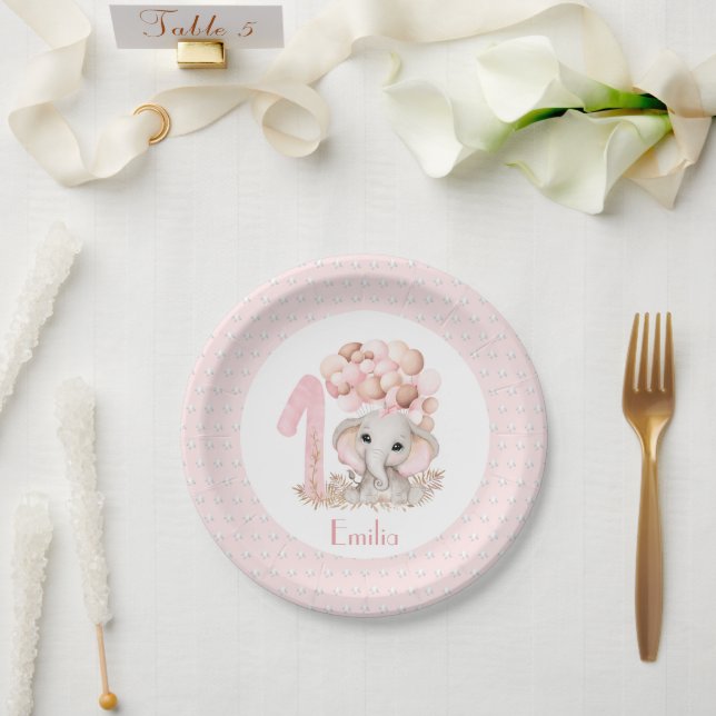 Assiettes En Carton Premier anniversaire Fille Elephant Plaques de pap (Mariage)