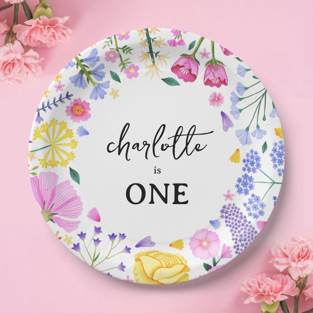 Assiettes En Carton Premier anniversaire floral de la petite fille Fle (Spring Wildflower Girl's First Birthday Paper Plates)