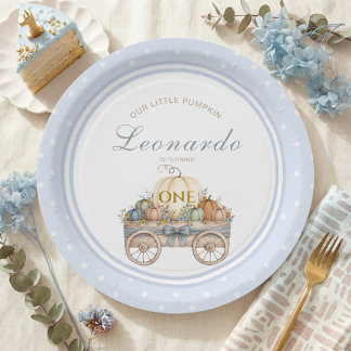 Assiettes En Carton Premier anniversaire garçon bleu pois citrouille