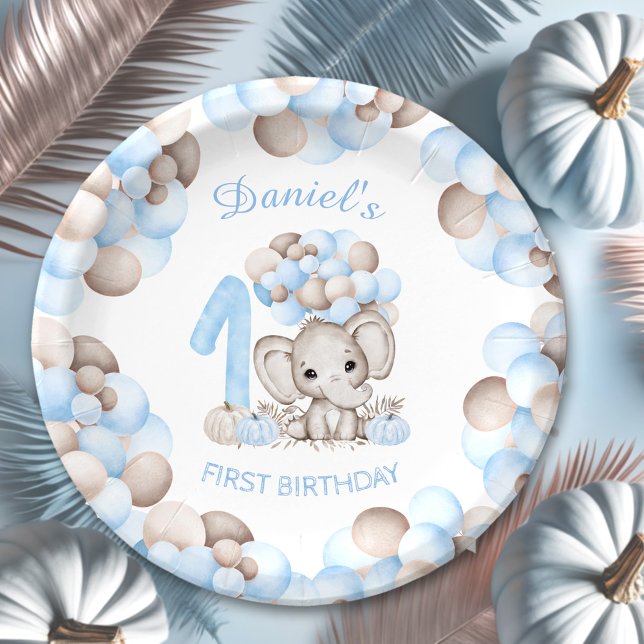 Assiettes En Carton Premier Anniversaire Joli Elephant Automne Garçon  (Boy Fall First Birthday Cute Elephant Paper Plates)