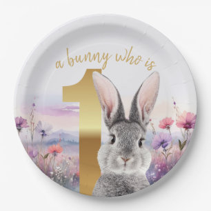 Assiettes En Carton Premier anniversaire Lapin Gris avec Fleurs Sauvag