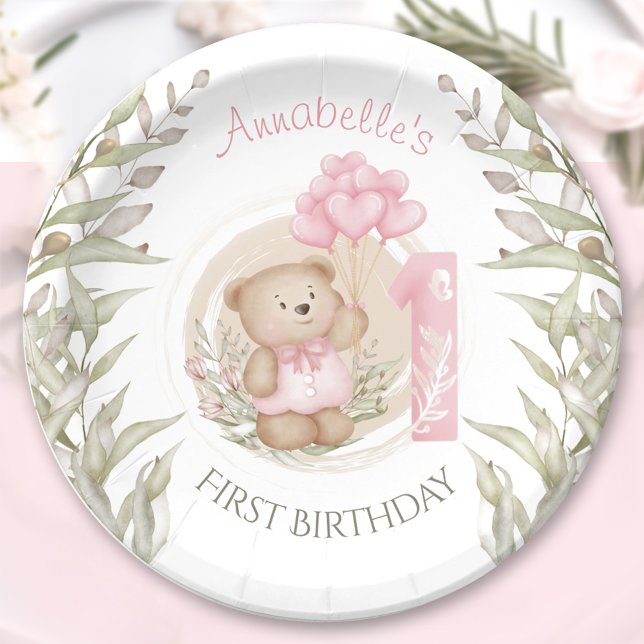 Assiettes En Carton Premier Anniversaire Mignonne Teddy Bear Ballons C (First Birthday Cute Teddy Bear Heart Balloons Paper Plates)