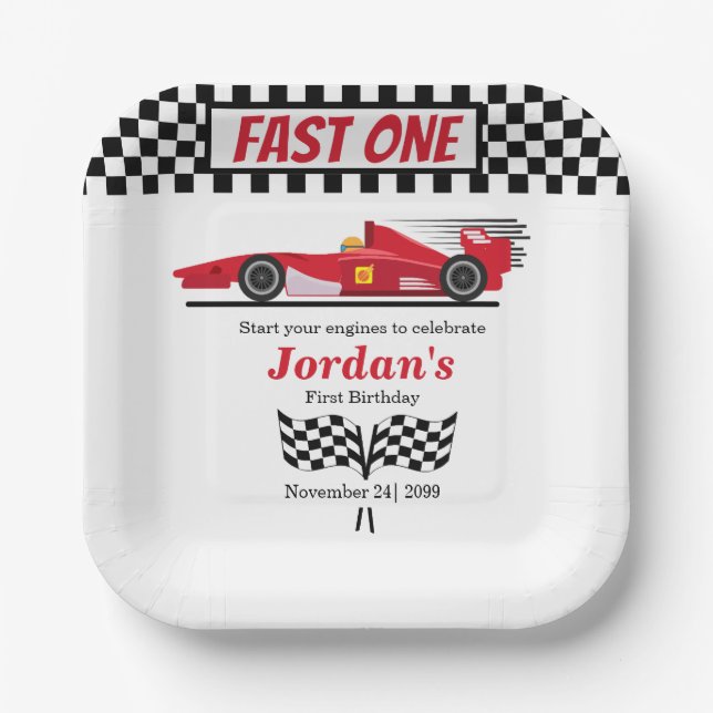 Assiettes En Carton Premier Anniversaire Red Race Car Fast One (Recto)