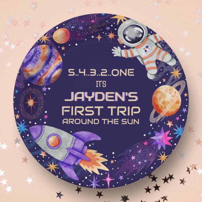 Assiettes En Carton Premier voyage autour de l'espace astronaute Sun R (First Trip Around the Sun Rocket Astronaut Space Paper Plates)