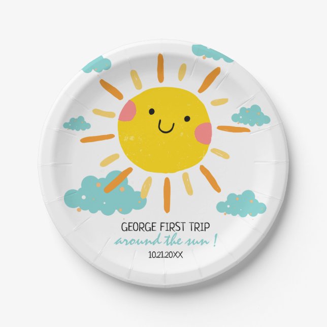 Assiettes En Carton Premier Voyage Autour Du Soleil 1Er Anniversaire (Devant)