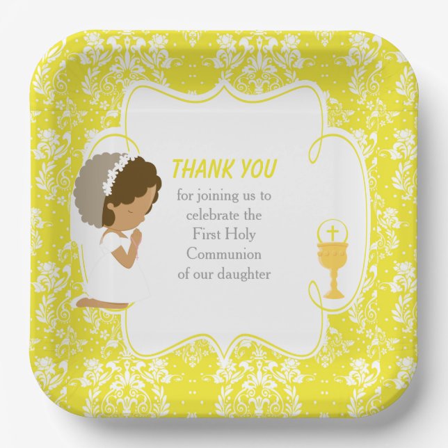 Assiettes En Carton Première communion Africain Américain Jaune Damas (Recto)