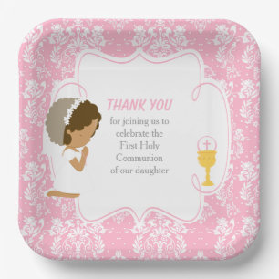 Assiettes En Carton Première communion Africain-Américain rose Damask