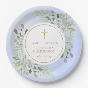 Assiettes En Carton Première communion bleue à l'aquarelle et verdure