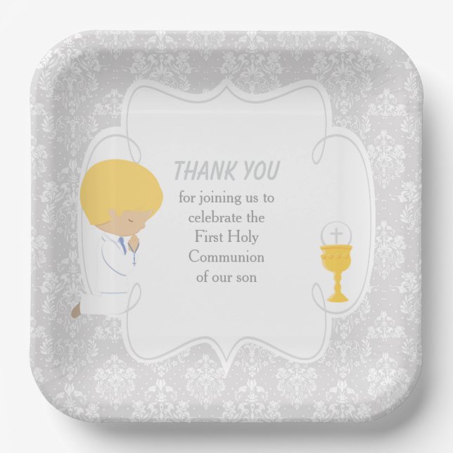 Assiettes En Carton Première Communion Blonde Boy Argent Damask (Recto)