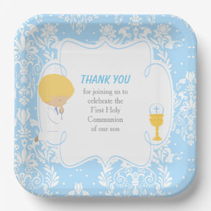 Assiettes En Carton Première Communion Blonde Boy Blue Damask