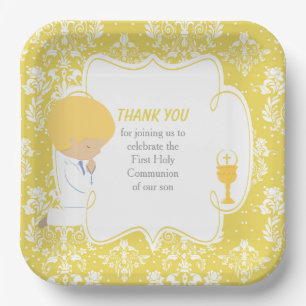 Assiettes En Carton Première Communion Blonde Boy Gold Damask