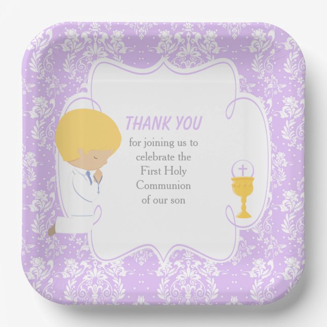 Assiettes En Carton Première Communion Blonde Boy Purple Damask (Recto)