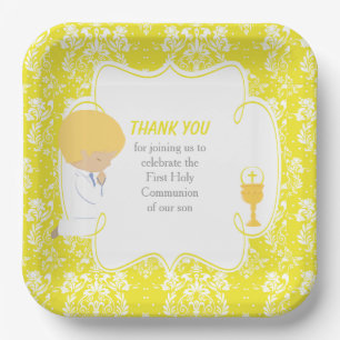 Assiettes En Carton Première Communion Blonde Boy Yellow Damask