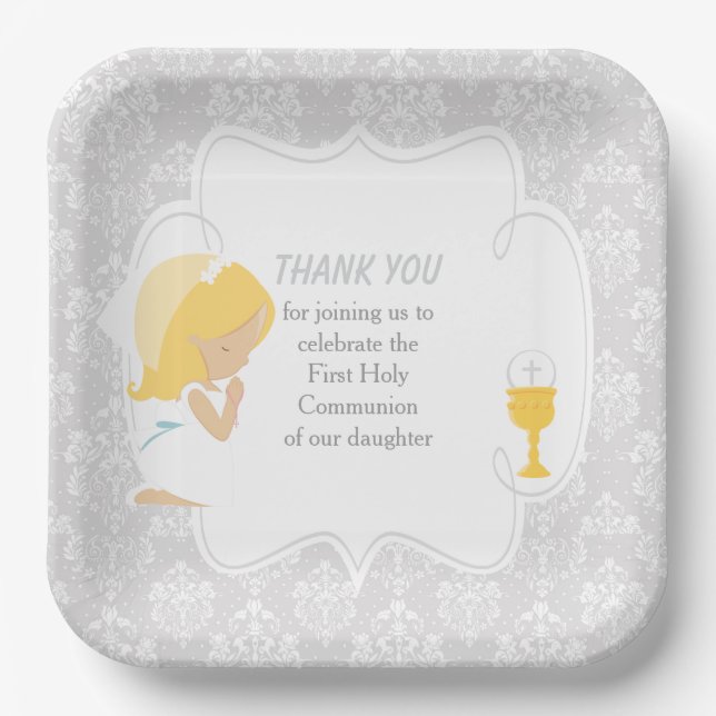 Assiettes En Carton Première Communion Blonde Girl Argent Damask (Recto)