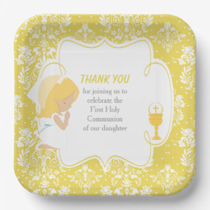 Assiettes En Carton Première Communion Blonde Girl Gold Damask