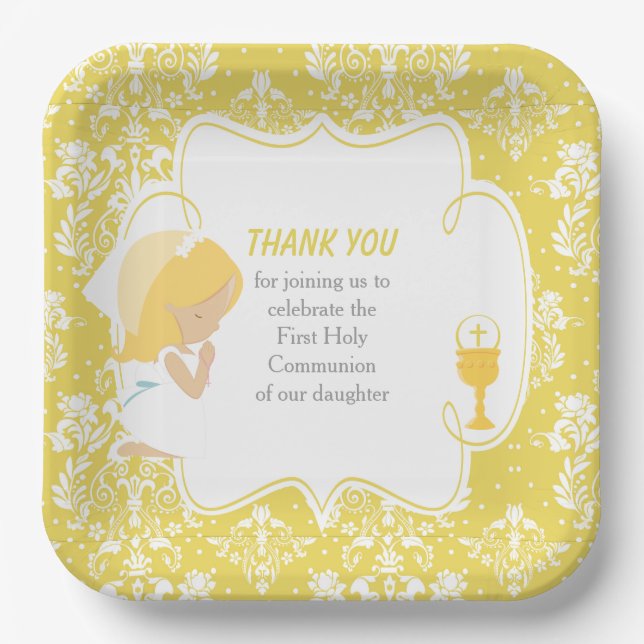 Assiettes En Carton Première Communion Blonde Girl Gold Damask (Recto)