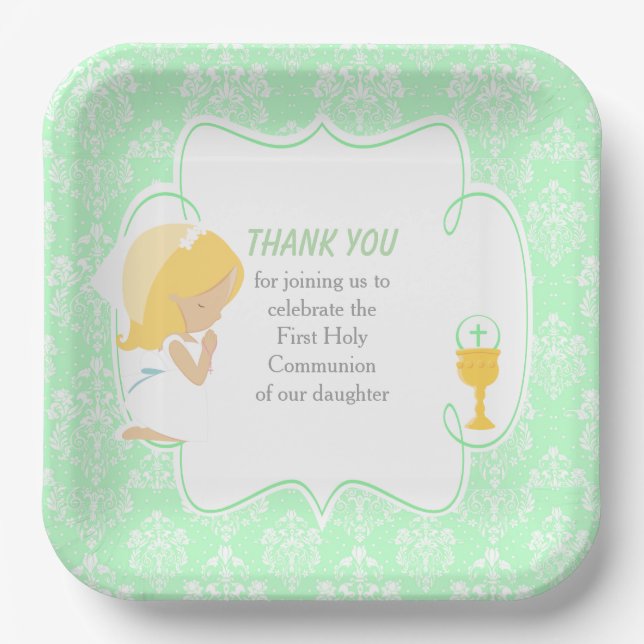 Assiettes En Carton Première Communion Blonde Girl Green Damask (Recto)