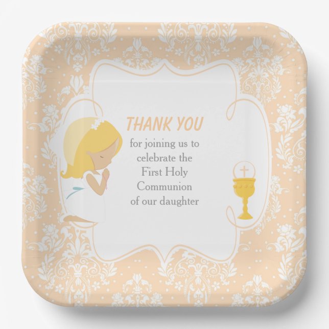 Assiettes En Carton Première Communion Blonde Girl Peach Damask (Recto)