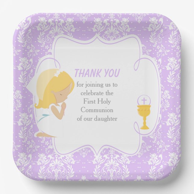 Assiettes En Carton Première Communion Blonde Girl Purple Damask (Recto)