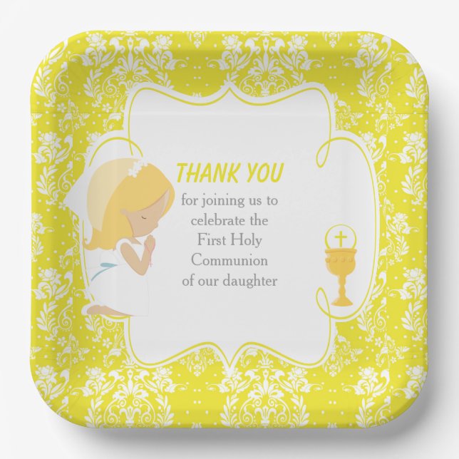 Assiettes En Carton Première Communion Blonde Girl Yellow Damask (Recto)