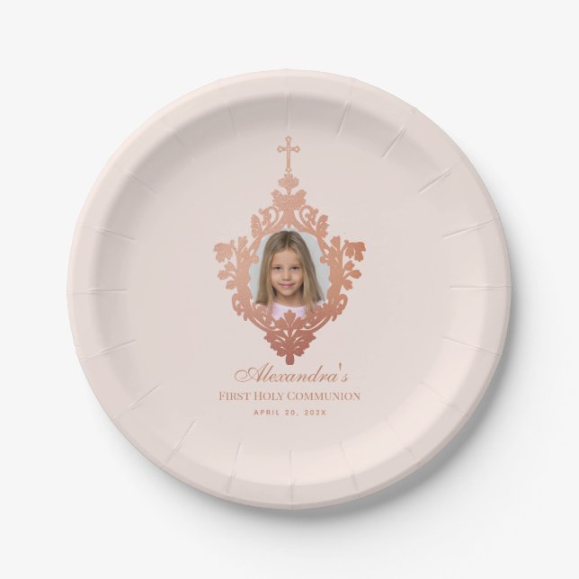 Assiettes En Carton Première Communion Blush Rose Rose Gold Girl Photo (Devant)