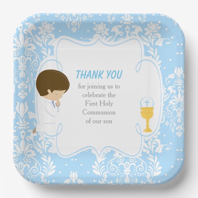 Assiettes En Carton Première Communion Brunette Boy Blue Damask (Recto)