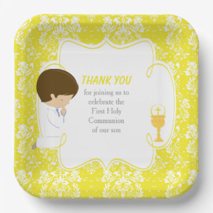 Assiettes En Carton Première Communion Brunette Boy Yellow Damask