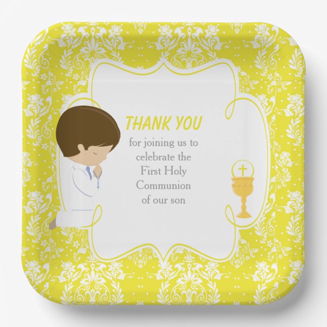 Assiettes En Carton Première Communion Brunette Boy Yellow Damask (Recto)