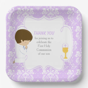 Assiettes En Carton Première Communion Brunette Garçon Purple Damask