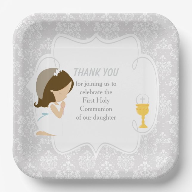 Assiettes En Carton Première Communion Brunette Girl Argent Damask (Recto)