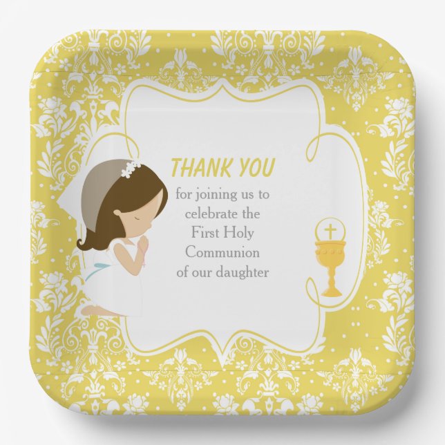 Assiettes En Carton Première Communion Brunette Girl Gold Damask (Recto)