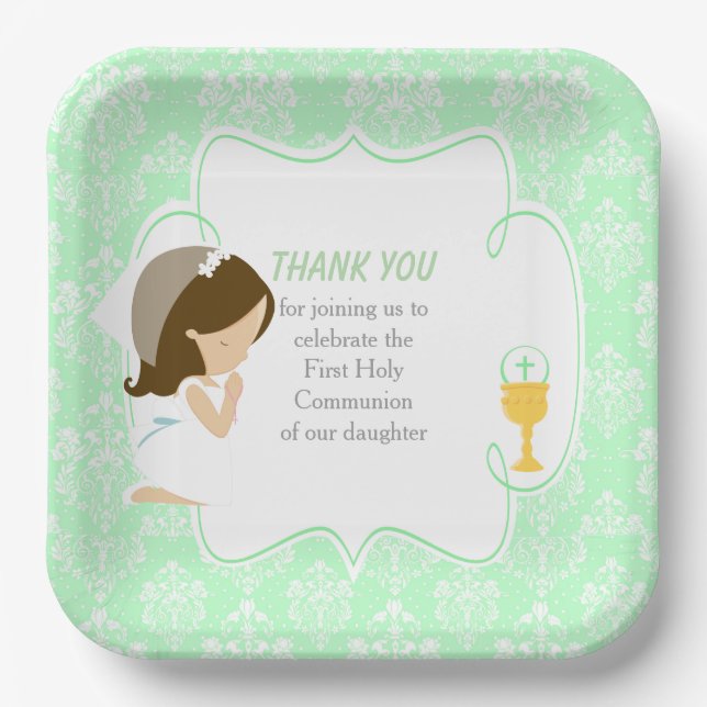 Assiettes En Carton Première Communion Brunette Girl Green Damask (Recto)