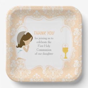 Assiettes En Carton Première Communion Brunette Girl Peach Damask