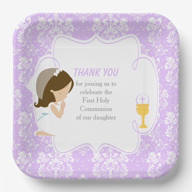 Assiettes En Carton Première Communion Brunette Girl Purple Damask (Recto)