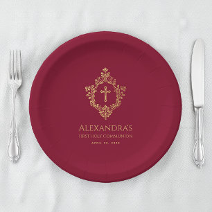 Assiettes En Carton Première communion de fille Burgundy Gold Crest Él