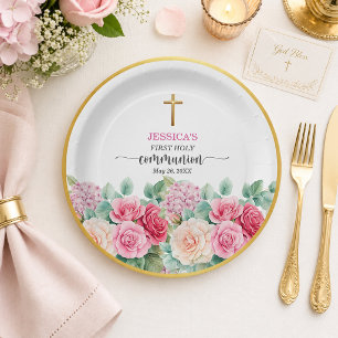 Assiettes En Carton Première communion de fille Croix d'or Roses Flora