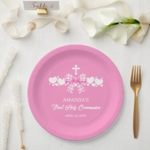 Assiettes En Carton Première communion de fille Nœud rose à carreaux