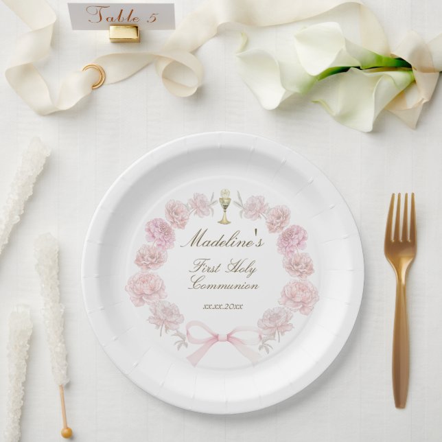Assiettes En Carton première communion délicat cadre de pivoines (Mariage)
