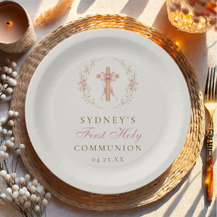 Assiettes En Carton Première communion fille croix florale rose