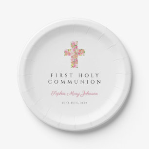 Assiettes En Carton Première communion fille croix florale rose religi